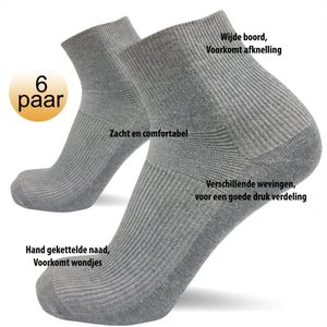 Nakkie's - Korte medische sokken - 6 paar - Grijs - Maat 47/50 - wijde boord - Diabetes sokken - Quarter sokken - Lage sokken - Korte sokken