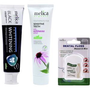 3x MELICA ORGANIC Biologische TANDPASTA- en FLOS SET 98% Natuurlijke WHITENING BLACK CHARCOAL TANDPASTA HOUTSKOOL voor WITTE Tanden en ECHINACEA EXTRACT TANDPASTA met XYLITOL en CALCIUM voor GEVOELIGE Tanden zonder Fluoride 200ml + Mint Floss 50m