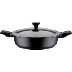 Sauteerpan 28 cm met glazen deksel 5-delig en afneembare handgrepen aluminium kunststof glas siliconen zwart Vertaling: Sauteerpan van 28 cm met glazen deksel, 5-delig en afneembare handgrepen van aluminium, kunststof, glas, siliconen, zwart.