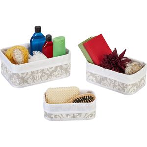 Relaxdays opbergmand - set van 3 - opbergbox - bamboe & stof - met print - wit/grijs