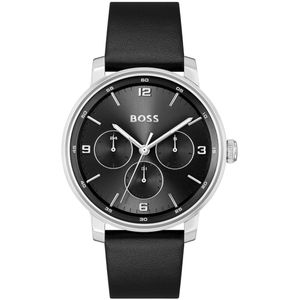 BOSS HB1514125 CONTENDER Heren Horloge - Mineraalglas - Staal/Leer - Zilverkleurig/Zwart - 44 mm breed - Quartz - Gesp - 5 ATM (douchen)