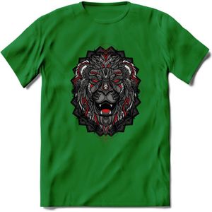 Leeuw - Dieren Mandala T-Shirt | Rood | Grappig Verjaardag Zentangle Dierenkop Cadeau Shirt | Dames - Heren - Unisex | Wildlife Tshirt Kleding Kado | - Donker Groen - S