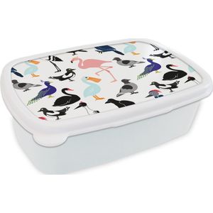Broodtrommel Wit - Lunchbox - Brooddoos - Patronen - Vogel - Flamingo - 18x12x6 cm - Volwassenen