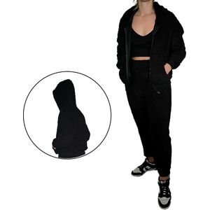 Zwart - Huispak - Teddy - Met Capuchon - Fleece - [ Maat 38-40 ] - Dames - Joggingpak - Gewatteerd - Fleece vest & Fleece broek - Setje voor volwassenen - Cadeau voor vrouw - Fluffy en Warm