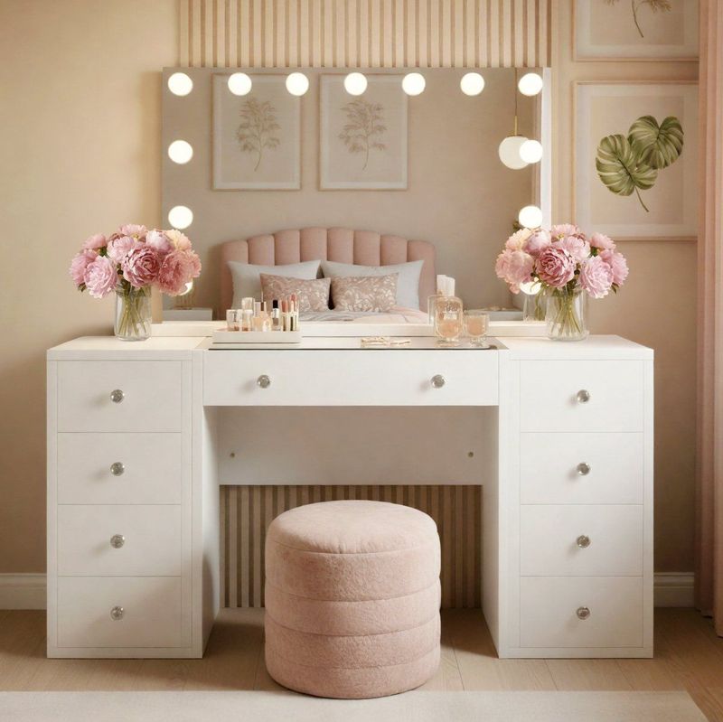 Tiline - Make-uptafel - Wit - Hout - Met Spiegel en LED-Verlichting