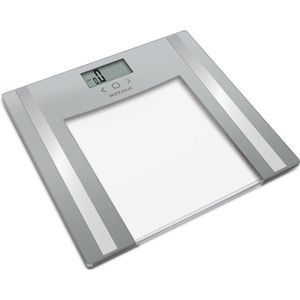 Badkamerweegschaal met glasanalyse - Maximale capaciteit 150 kg - Meet lichaamsvet-water-spier-botmassa - BMI-geheugen voor 8 gebruikers - Sportmodus - Af te lezen display - Zilver