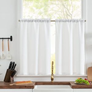 Vitrage, bistrogordijn, linnenlook, raamgordijn, gordijn, gaas, sjaals, halftransparant, raamsjaal, keuken, woonkamer, landhuis, set van 2, 63 x 60 cm (b x h), wit