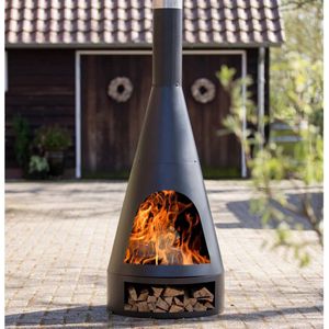 RedFire – Kingston – Houtopslag – Zwart - Staal – Vuurkorf – Fireplace– Stevig staal – Diameter 55cm – Hoogte: 160cm - Terrasverwarming – Sfeerhaard