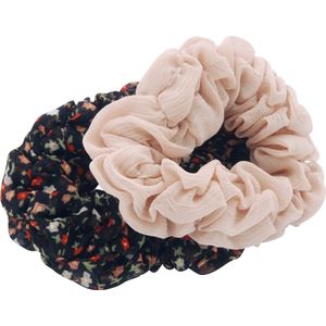 Haarelastiekjes scrunchie retro zwart en nude kleur met bloemetjes