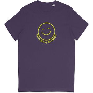 T Shirt Smiley - Positieve Tekst Don't Worry Be Happy - Paars XS