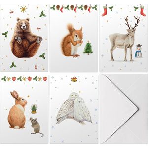 set van 10 stuks vrolijke kerstkaarten met enveloppen - Blanco zonder tekst - 5 winterdieren handgeschilderd - dubbele kaart met vouw op mooi ECO papier - A6 formaat