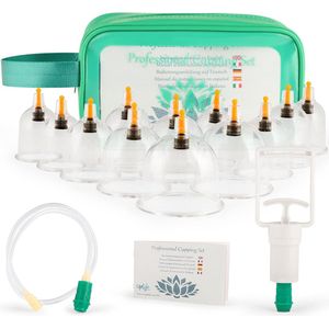 Chinese cupping therapieset, 12 vacuüm luchtzuignappen in zak met pompgreep + verlengsnoer, massage voor rug/nek
