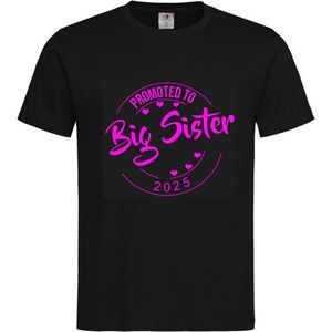 Shirt Aankondiging zwangerschap Promoted to Big Sister 2025 | korte mouw | Zwart/fluor pink | maat 110/116 zwangerschap aankondiging bekendmaking Baby big sis sister Grote Zus