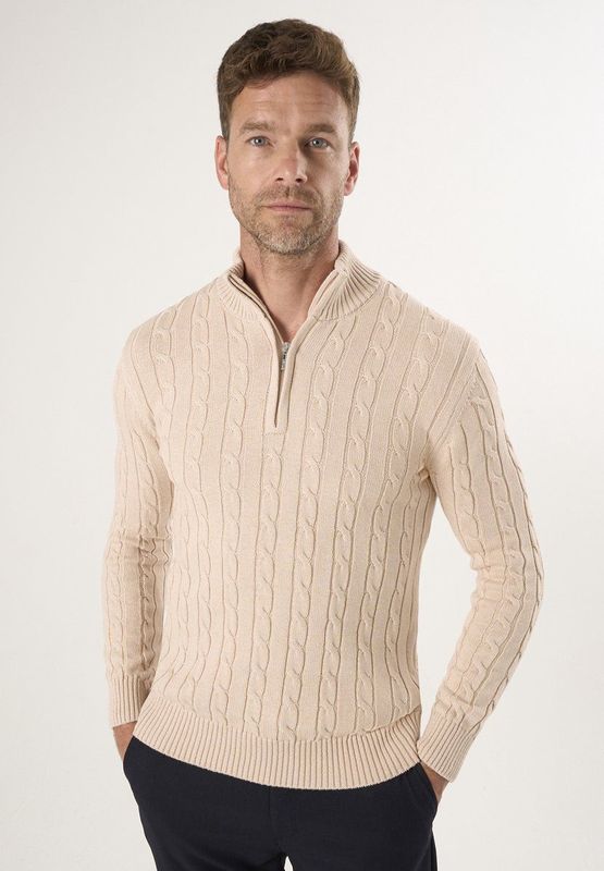 Felix Hardy - Kabelgebreide Trui - Beige - 100% Katoen - Heren - Halve Rits