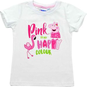 Peppa Pig Shirt - Korte mouw - Wit - Pink is my happy colour - Maat 110/116