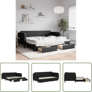 The Living Store Slaapbank met onderschuifbed en lades 80x200 cm stof zwart - Slaapbank - Sofa Bed - Tweepersoons Bed - Onderschuifbed - Boxspring