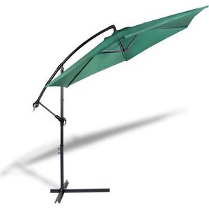 909 OUTDOOR Hangende parasol in donkergroen 2.5 m hoog, Tuinparasol met stalenframe en hoes, Parasol met zwengelgreep en kantelfunctie, Diameter 300 cm