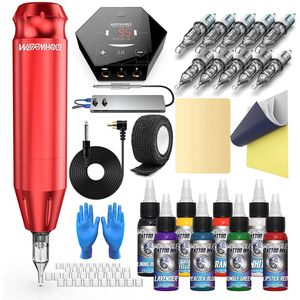Namajunas - Tattoo machine beginner set - Tattoo Pen - 8 tattoo inkt - 10 tattoo naalden - Tattoo gun - Tattoo set compleet - Rotary Tattoo Machine voor Stick and Poke, PMU en Professionals - Zwart/Rood