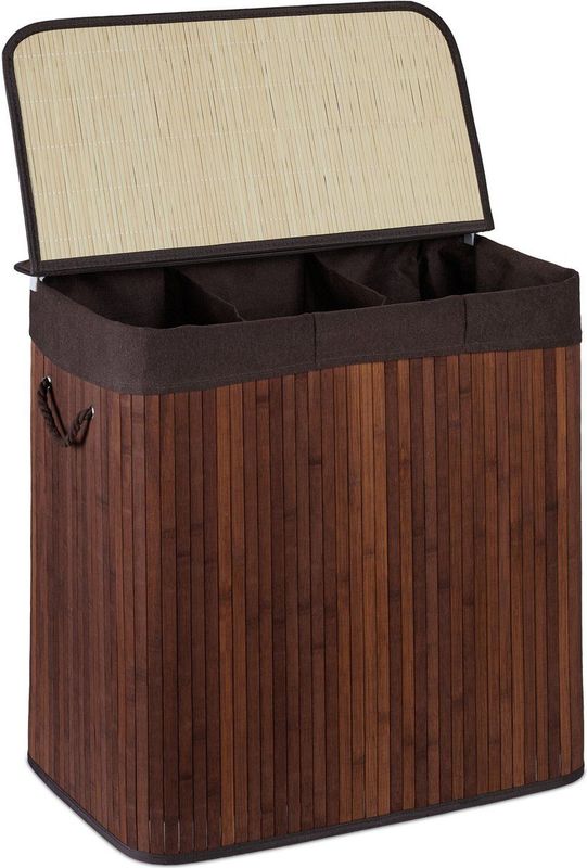 Relaxdays wassorteerder - 3 vakken - wasmand - met deksel - wasgoedsorteerder - bamboe - bruin