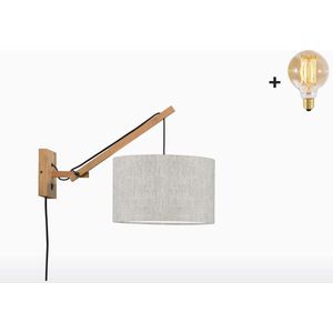 Wandlamp met Korte Arm - ANDES - Naturel Bamboe - Licht Linnen - Met LED-lamp