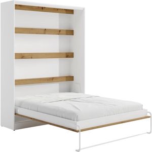 Vente-unique Bedkast 160 x 200 cm - Handmatige verticale opening - Met ledverlichting - Wit en houtlook - RAPILI L 179 cm x H 225.2 cm x D 239.2 cm