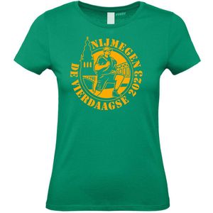 Dames T-shirt Cartoon Vierdaagse 2023 | Vierdaagse shirt | Wandelvierdaagse Nijmegen | Roze woensdag | Groen | maat S