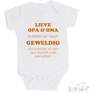 100% katoenen Romper "Lieve opa & oma ik hoorde dat jullie geweldig zijn en ben heel blij dat jullie mijn opa & oma gaan worden!" Unisex Katoen Wit/tan Maat 56/62