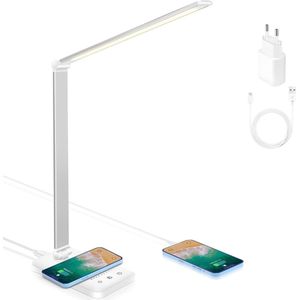 Bureaulamp Dimbare Draadloos Opladen en USB-laadaansluiting Oogbeschermingsleeslamp 10 Helderheidsniveaus 5 Kleuren aanraakveldbediening Tafellamp voor Lezers Kantoor - Wit
