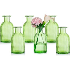 Kleine vazenset, glazen vaas, 6 stuks, mini-bloemenvaas, groen, vintage, glas, rond, glazen vazen, flessenvaas, kleurrijk, klein geribbeld, tafelvaas, vazenset, glazen fles, decoratie voor