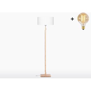 Vloerlamp – FUJI – Bamboe Voetstuk (h. 167cm) - Wit Linnen Kap - Met LED-lamp