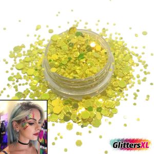 GlittersXL® Chunky Glitters (Geel) voor Lichaam en Gezicht - Biologisch Afbreekbaar Festival Glitters - Face & Body Jewels Make-up - Glittergel Tattoo - Carnaval Feest Dames Vrouwen
