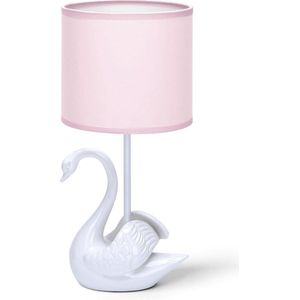 Aigostar Tafellamp Zwaan - Keramiek - Wit - Lamp met roze kap - H37 cm