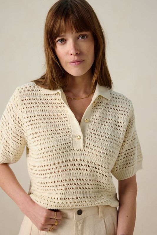 Witte open gebreide polo