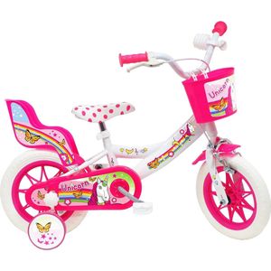 Kinderfiets, wit-roze, maat 12 inch