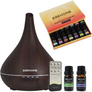 2BEHOME Aroma Diffuser 550ML - Incl. 16 Etherische Oliën en Afstandsbediening - Donkere houtlook - 7 LED Kleuren - Geurolie voor Aromadiffuser - Luchtbevochtiger/Geurverspreider