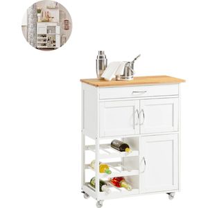 Keukeneiland - Verplaatsbaar - Keukenkast - Dressoir - Organizer - Kasten - Houten Werkblad - 3 Deuren - Wit