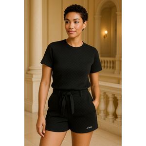 La Booty- Lounge Set Dames- Short & Crop top- Guilted Huispak- Handmade & Comfortabel- Zwart- Gemaakt in België- Maat L