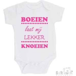100% katoenen Romper ""Boeien laat mij lekker knoeien"" Meisjes Katoen Wit/roze Maat 62/68