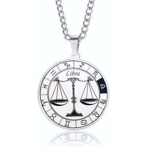 ICYBOY 18K Roestvrije Stalen Ketting Met Ronde Zodiac Sterrenbeeld Pendant [Weegschaal] [60 cm] Silver Plating Stainless Steel Round Horoscope Pendant Necklace