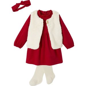 Vertbaudet - Baby Kerstset - Rood - Jurk - Vest van Imitatiebont - Maillot - Hoofdband