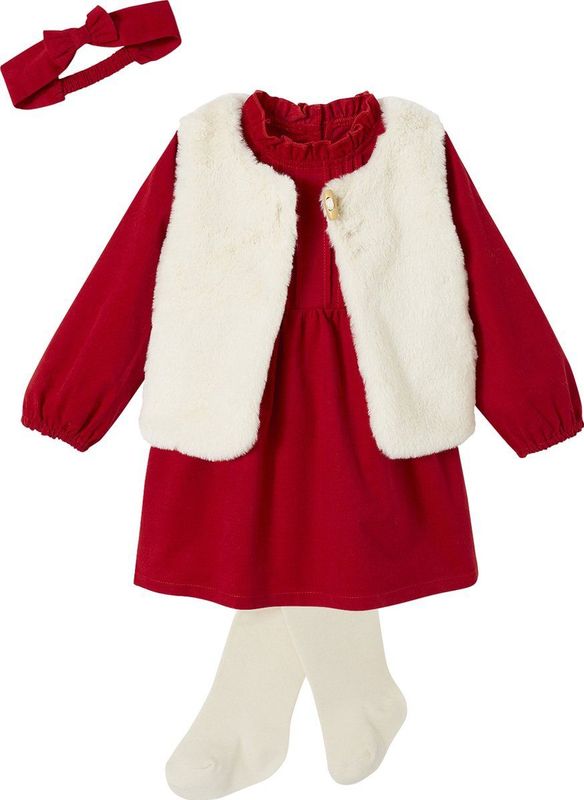 Baby - Kerstset - Rood - Jurk van Ribfluweel - Vest van Imitatiebont - Maillot
