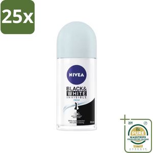 25 x Nivea - Deodorant - Roller - Black & White Invisible Fresh - 50 ml - Grootverpakking - Nivea Deodorant Roller - Anti-transpirant - 48 Uur Bescherming - Zwart En Wit - Geur