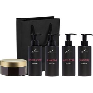 Compleet pakket Hamam - Shower & Wash + Shampoo + Bodylotion + Handzeep + Scrubzout 300 gram - 300 ml per fles - complete set van 5 stuks - met luxe gift tas - cadeau - giftset voor hem en haar - -