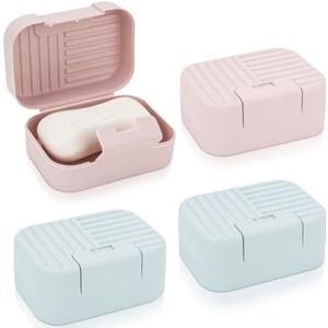 PolkaHome 4 stuks reiszeepcontainer, draagbare lekvrije zeephouder met deksel, plastic zeepbakjes voor douche, badkamer, reizen, camping en sportschool (blauw + roze)