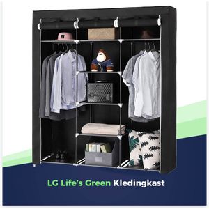 LG Life's Green Opvouwbare Kleerkast – Kledingrek met 9 opslag planken en 2 ophangstangen – Stoffen Kledingkast – 200KG Draagvermogen – 150x45x175CM – Zwart