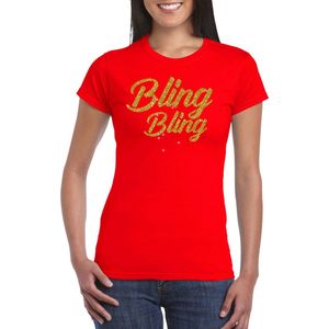 Bellatio Decorations Glitter glamour feest t-shirt dames - bling bling goud - rood - feestkleding S