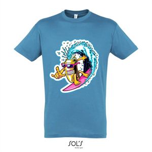 T-Shirt 1-121k Cartoon surfend blikje - kids 3-4jr, limegroen