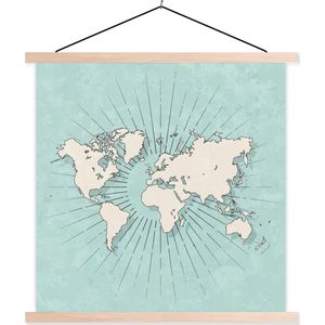 Posterhanger incl. Poster 40x40 cm - Schoolplaat - Wereldkaart - Retro - Blauw - Textielposter - Blanke latten