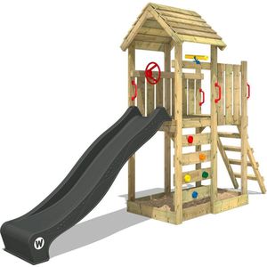 WICKEY speeltoestel klimtoestel JoyFlyer met houten dak & antracietkleurige glijbaan, outdoor kinderspeeltoestel met zandbak, ladder & speelaccessoires voor de tuin