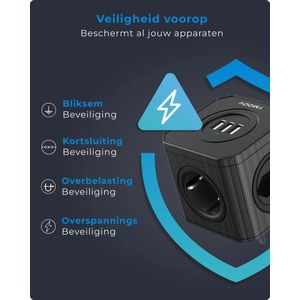 USB Cube Stekkerdoos 7-In-1 - 4 Voudige Stopcontacten + 3 USB poorten 4000W Verdeeldoos Met Overspanningsbeveiliging